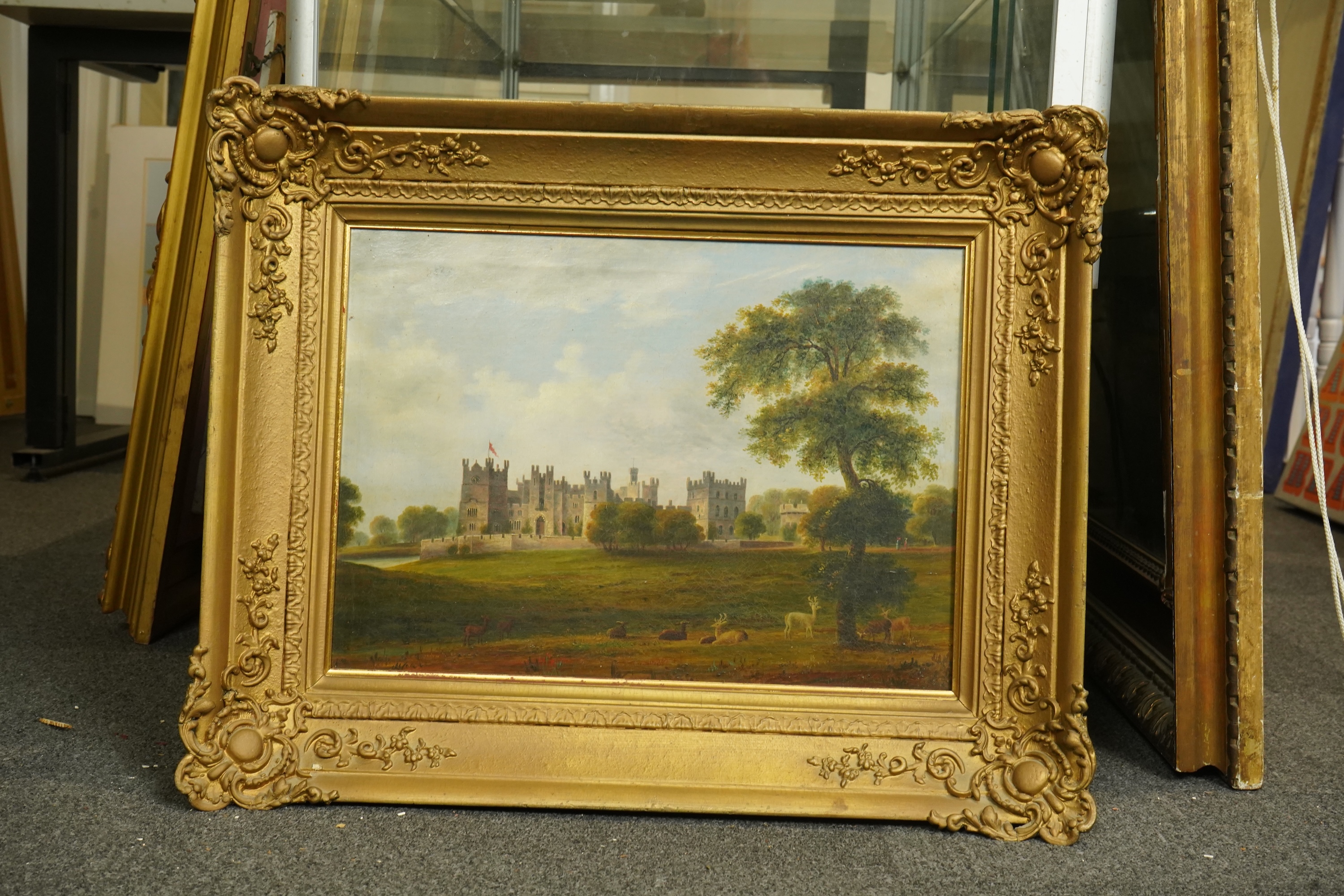 English School c.1840 , View of Raby Castle, with deer to the foreground, oil on canvas, 32 x 44cm